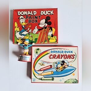 Vintage Donald Duck Crayon Paint Tins And Toy